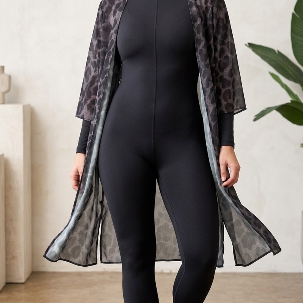 Sheer Black Leopard-Print Open Front Tunic
